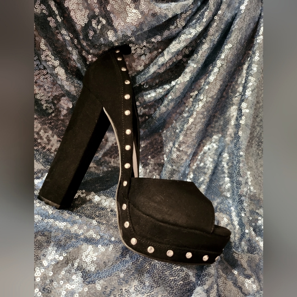 Black Suede Open Toe Studded Heels